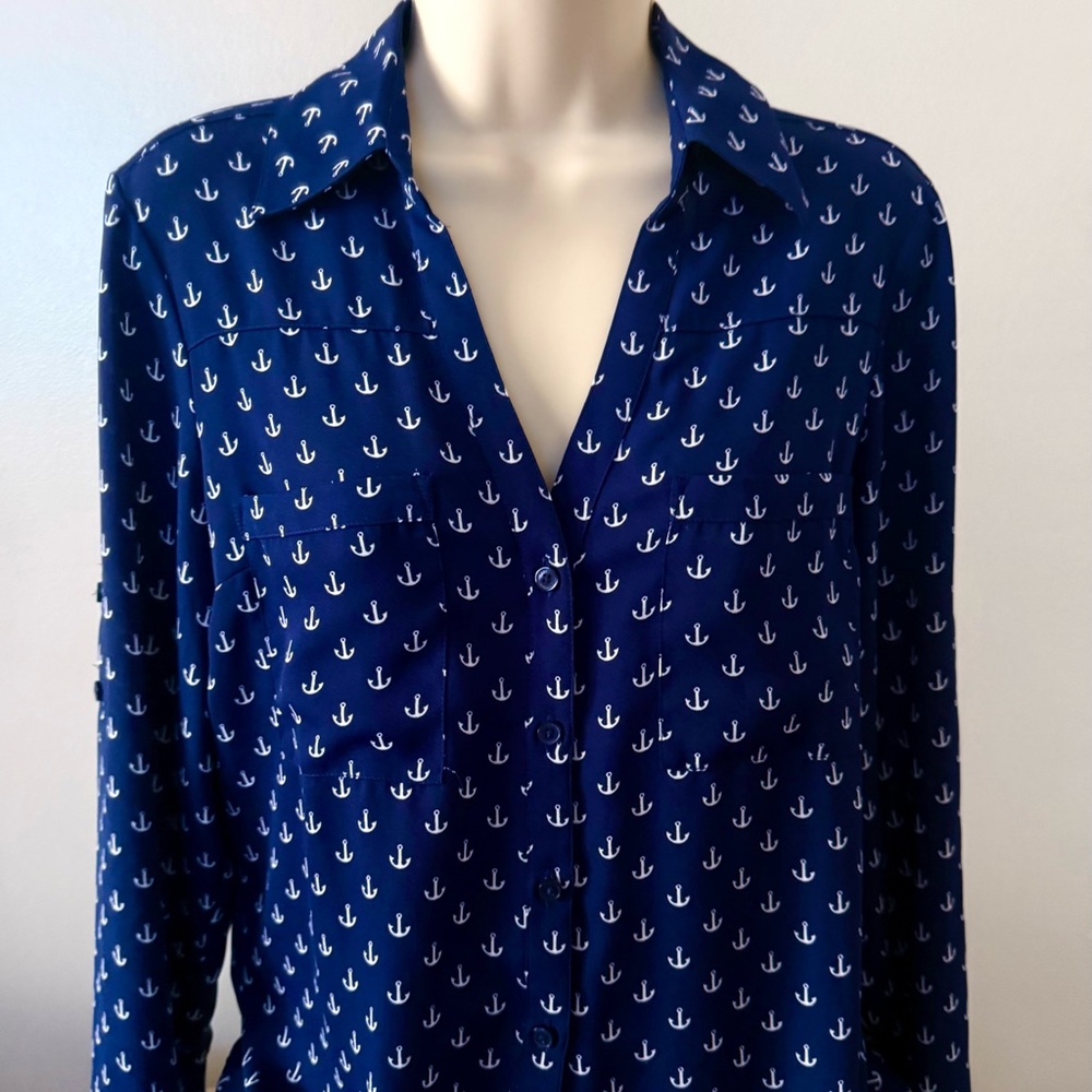 Express Navy Anchor Pattern Button Down Shirt S S… - image 2